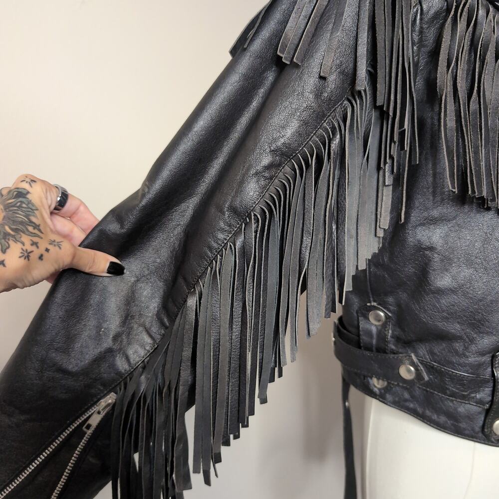 Cropped Leather Fringe Jacket Biker Vintage - Picture 4 of 8